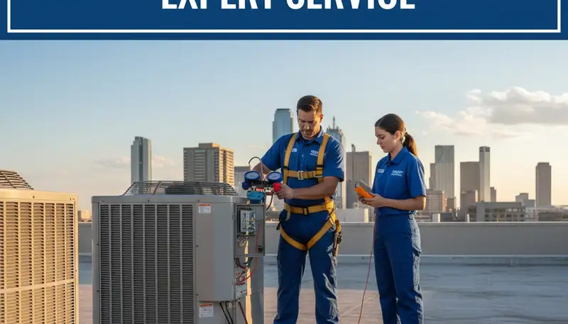 HVAC technician performing AC repair service at a residential home in Dallas, TX