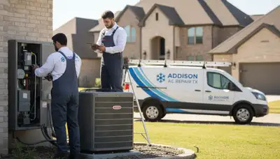 Professional AC repair technician servicing air conditioner unit in Dallas TX home