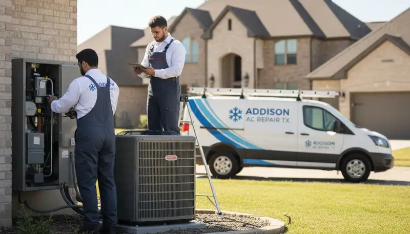 Professional AC repair technician servicing air conditioner unit in Dallas TX home