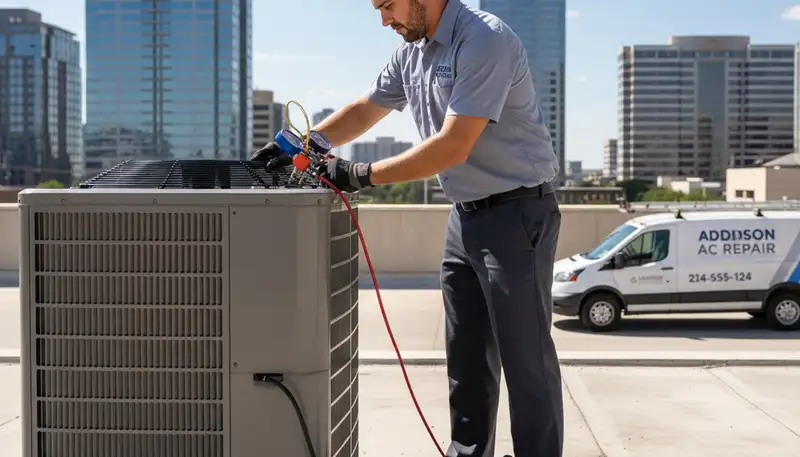 HVAC technician performing AC repair service at a Dallas TX home for acrepairindallas.com