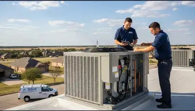 Professional AC repair technician servicing air conditioner unit in Dallas, TX