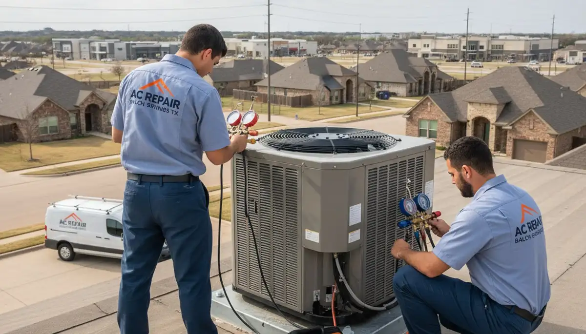 Professional AC repair technician servicing air conditioning unit in Dallas, TX