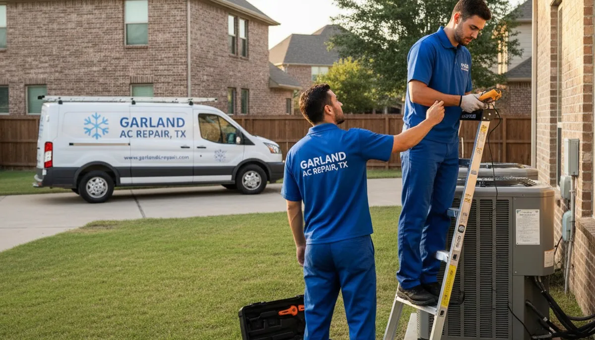 Professional AC repair technician servicing residential air conditioner in Dallas TX