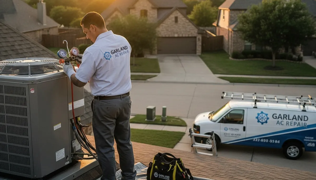 Professional AC repair technician servicing air conditioner unit in Dallas, TX home