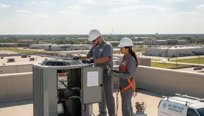 Professional AC repair technician servicing air conditioner unit in Dallas TX