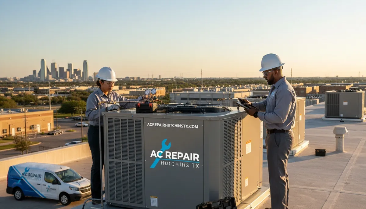 Professional AC repair technician servicing air conditioner unit in Dallas TX