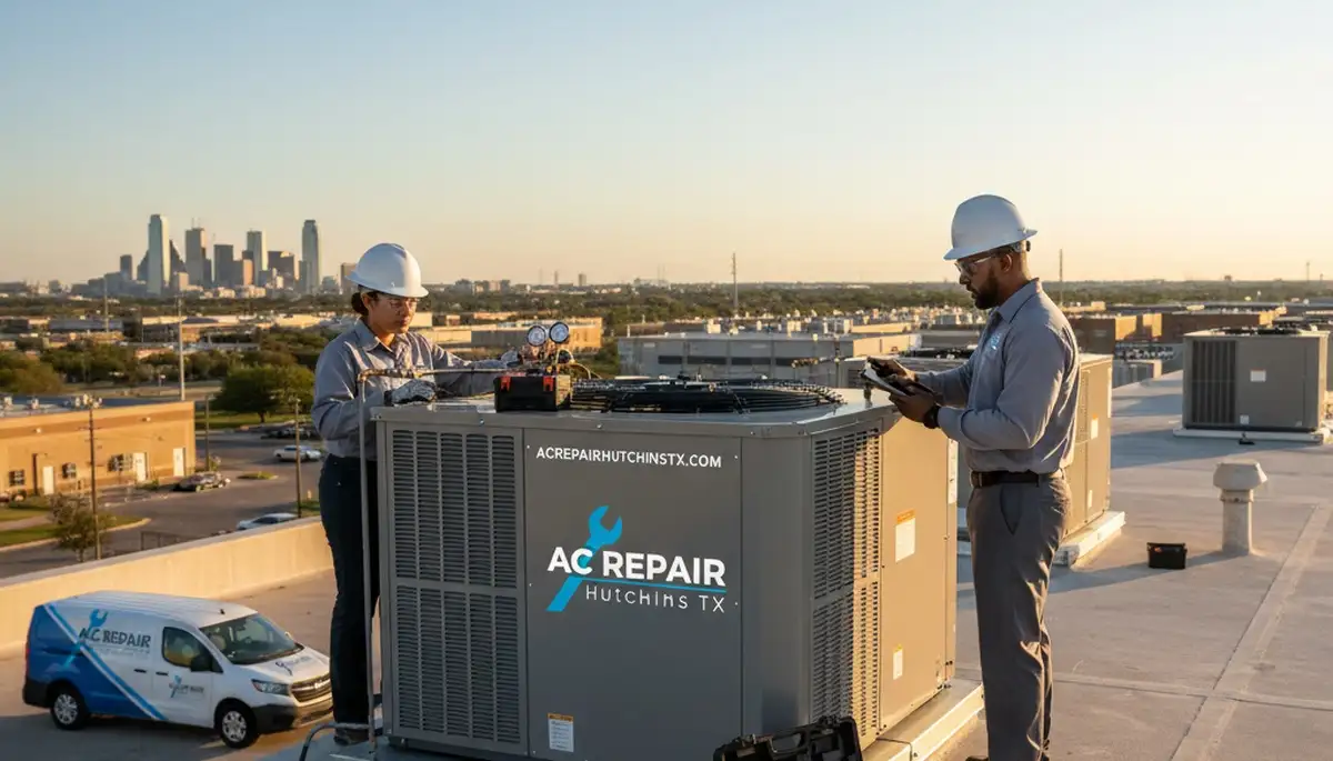 Professional AC repair technician servicing air conditioner unit in Dallas TX