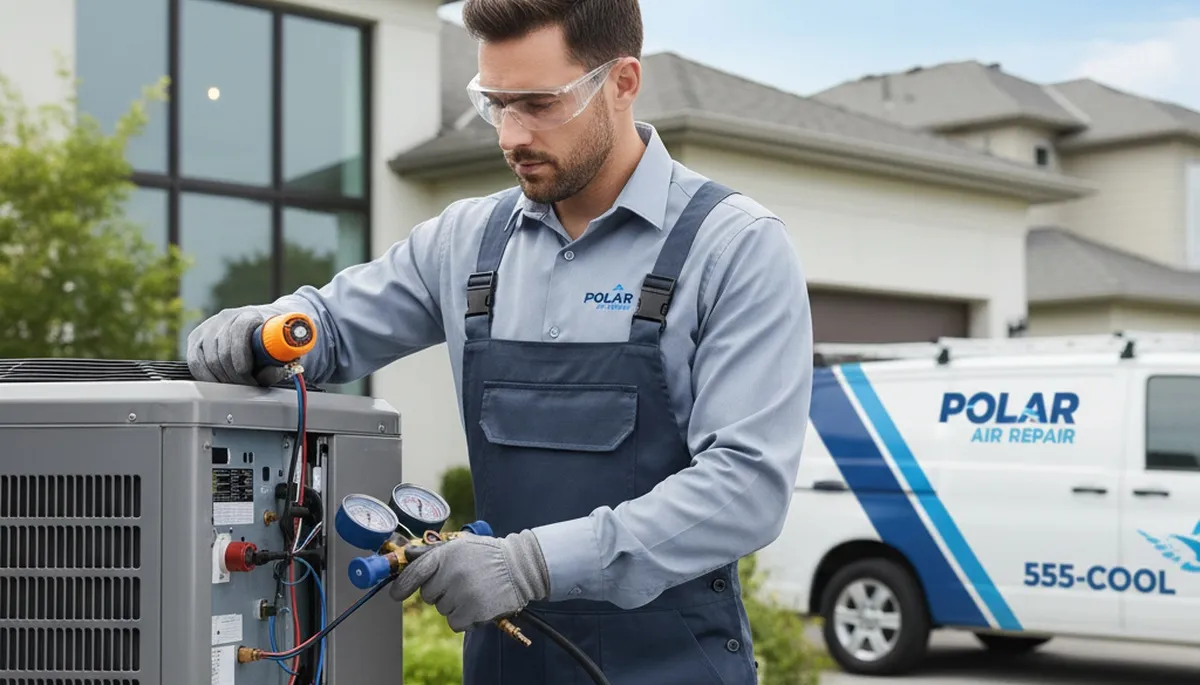 HVAC technician performing AC repair service at a Dallas TX home by Five Star Cooling