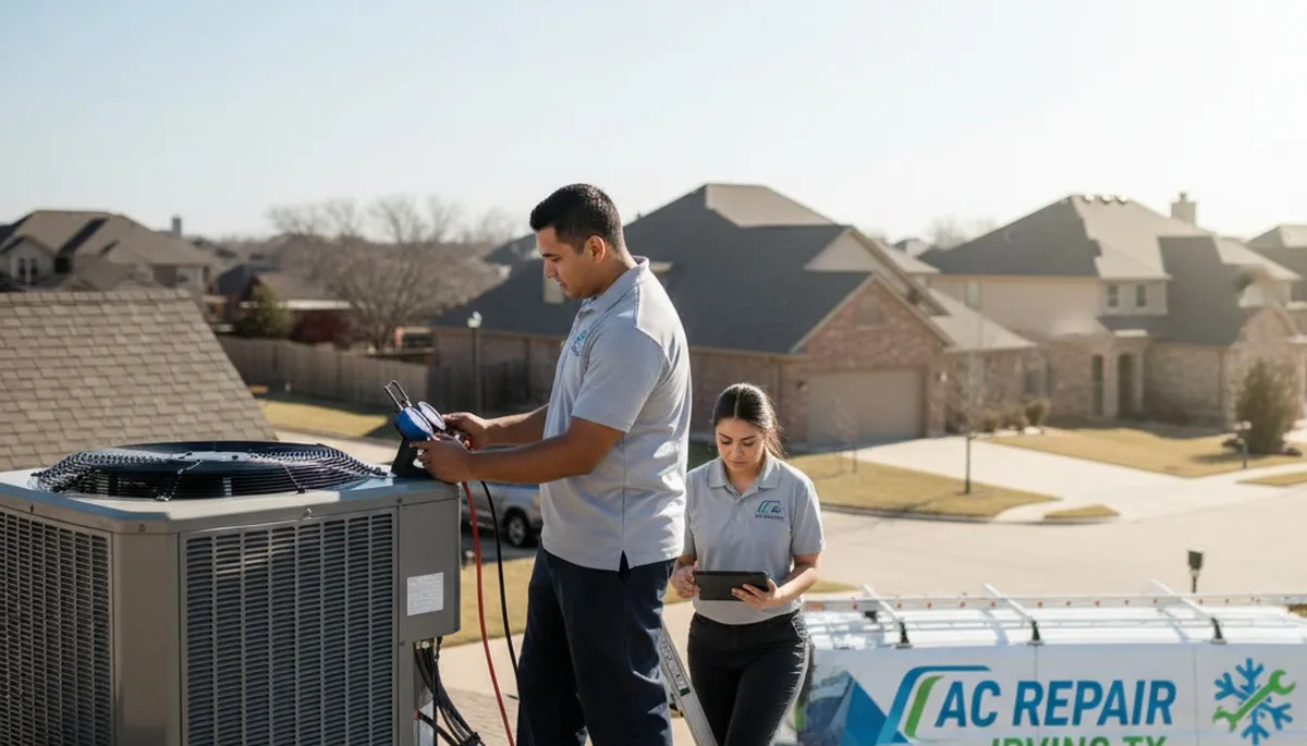 Professional AC repair technician servicing air conditioner unit in Dallas TX home