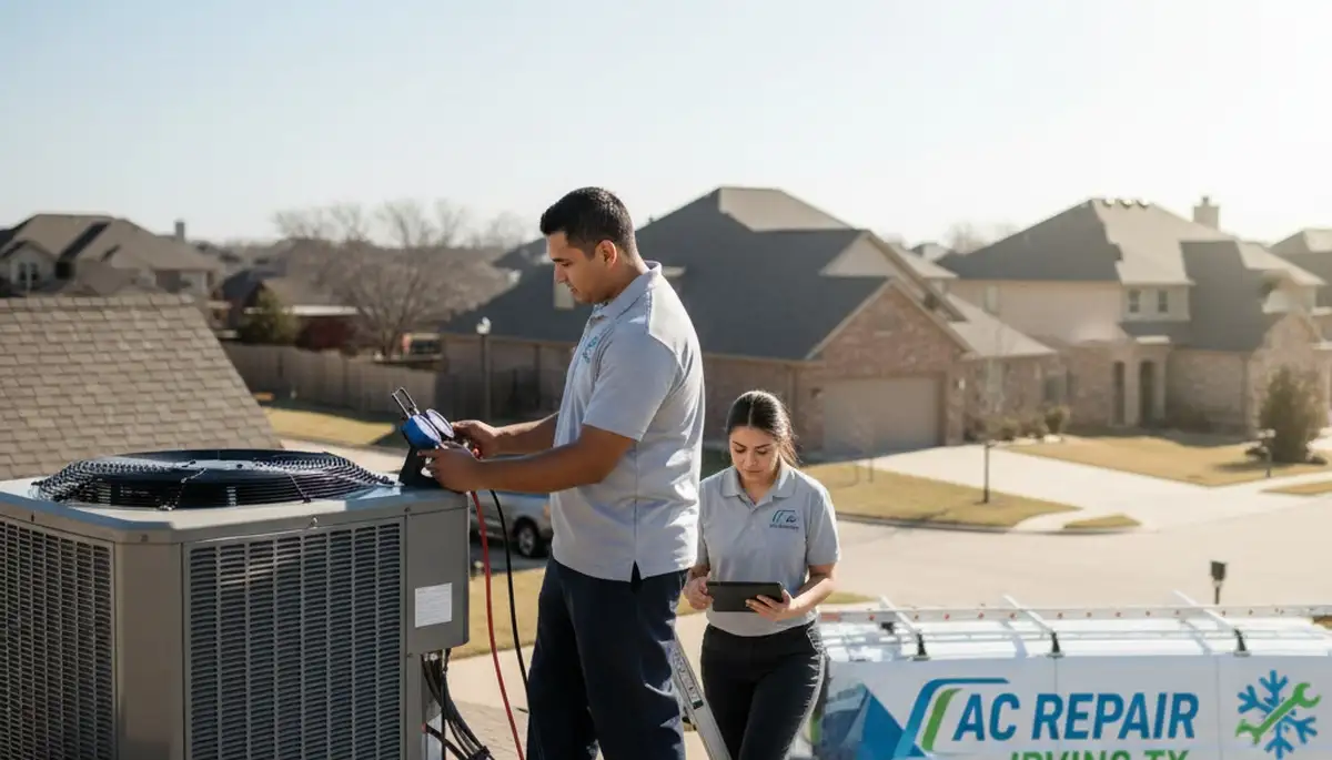 Professional AC repair technician servicing air conditioner unit in Dallas TX home