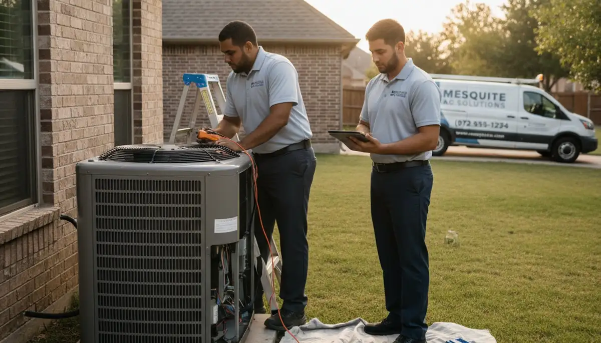 Professional AC repair technician servicing air conditioner unit in Dallas TX home