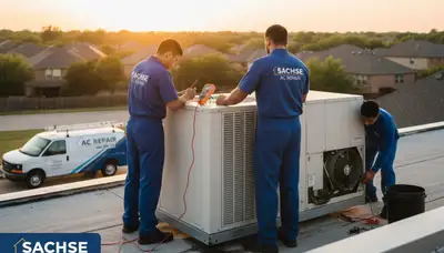 HVAC technician performing AC repair service at a residential home in Dallas, TX