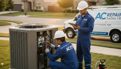 Professional AC repair technician servicing air conditioner unit in Dallas TX home