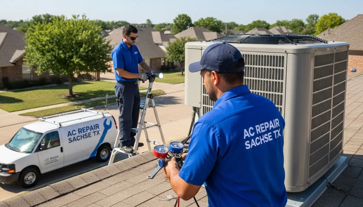 Professional AC repair technician servicing air conditioner unit in Dallas TX home