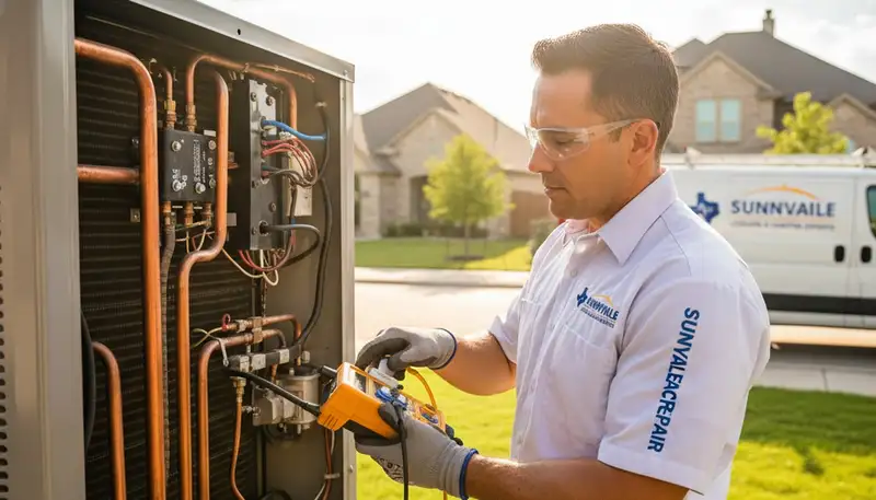 Professional AC repair technician servicing air conditioner unit in Dallas, TX home