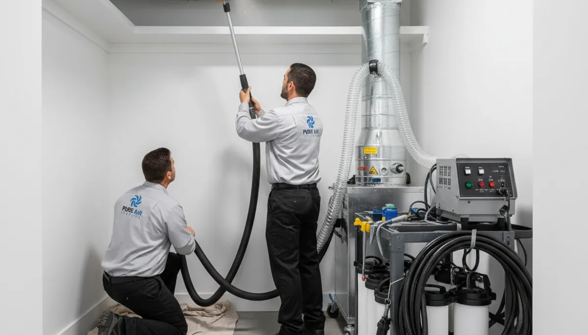 Technician cleaning air ducts for HVAC system in Dallas TX home | Five Star Cooling air duct service