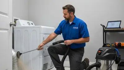 Technician cleaning dryer vent for improved airflow and safety in Dallas, TX home