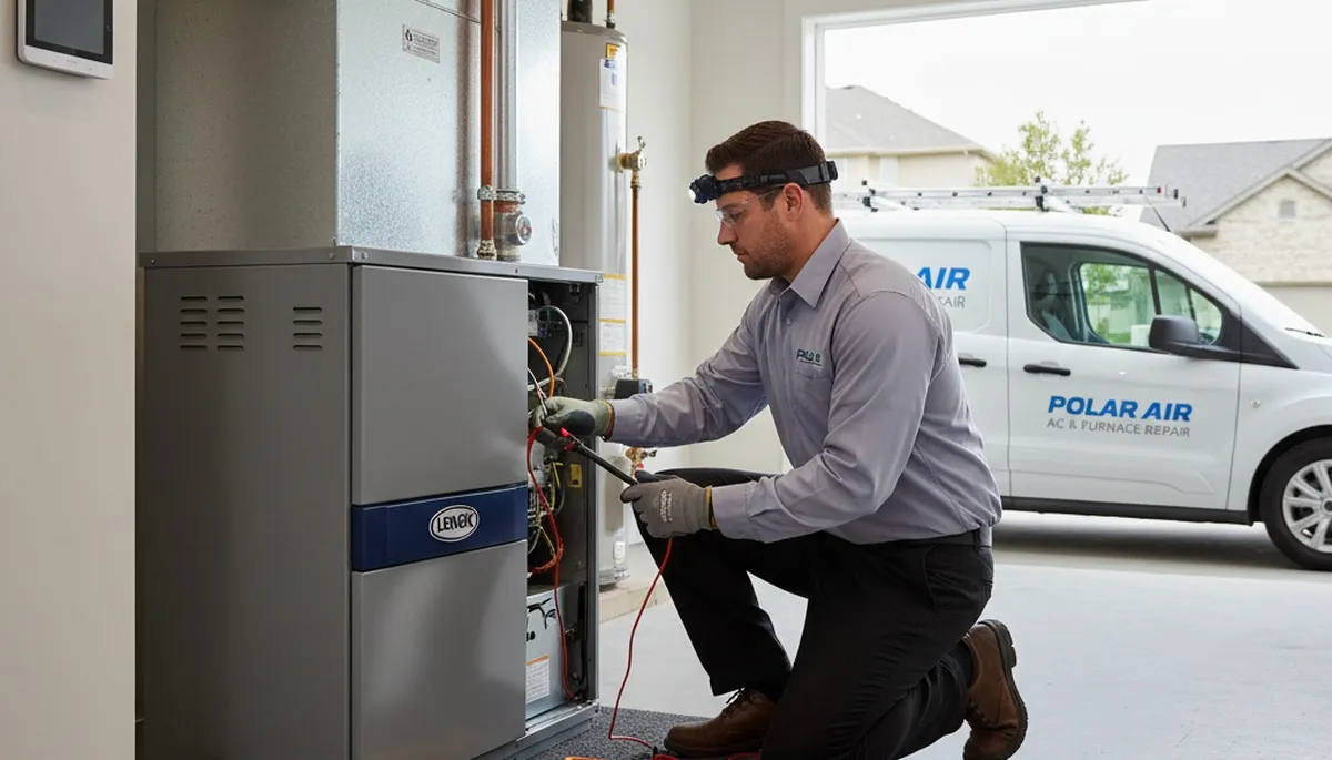 Technician performing furnace repair service in Dallas TX home for Five Star Cooling