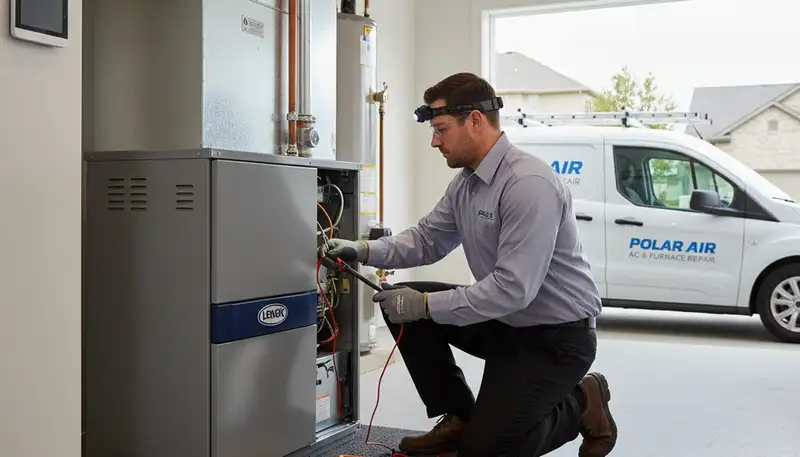 Technician performing furnace repair service in Dallas TX home for Five Star Cooling