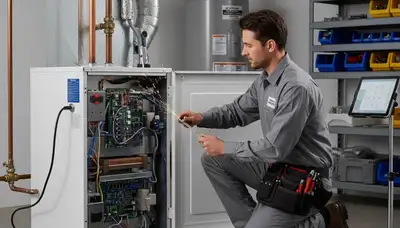 Technician performing furnace repair for residential heating system in Dallas TX