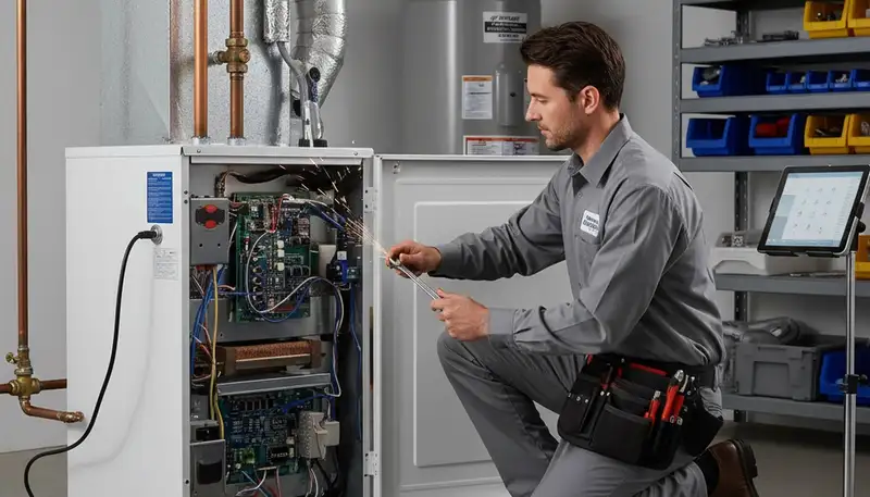 Technician performing furnace repair for residential heating system in Dallas TX