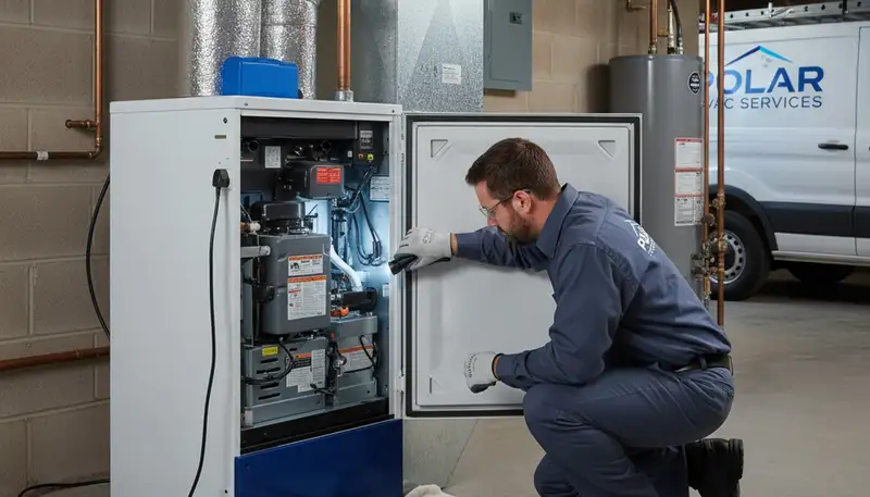 Technician performing furnace repair in Dallas TX home for Five Star Cooling heating service