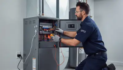 Technician performing heating repair on furnace in Dallas TX home by Five Star Cooling