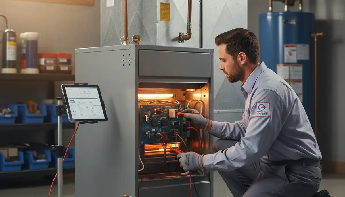 Technician repairing home furnace during heating service in Dallas, TX by Five Star Cooling