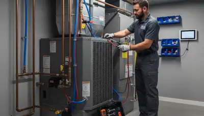 Plumber repairing water heater in Dallas, TX for Five Star Cooling plumbing services