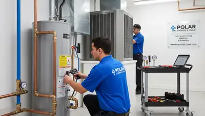 Technician repairing water heater during plumbing service in Dallas, TX by Five Star Cooling