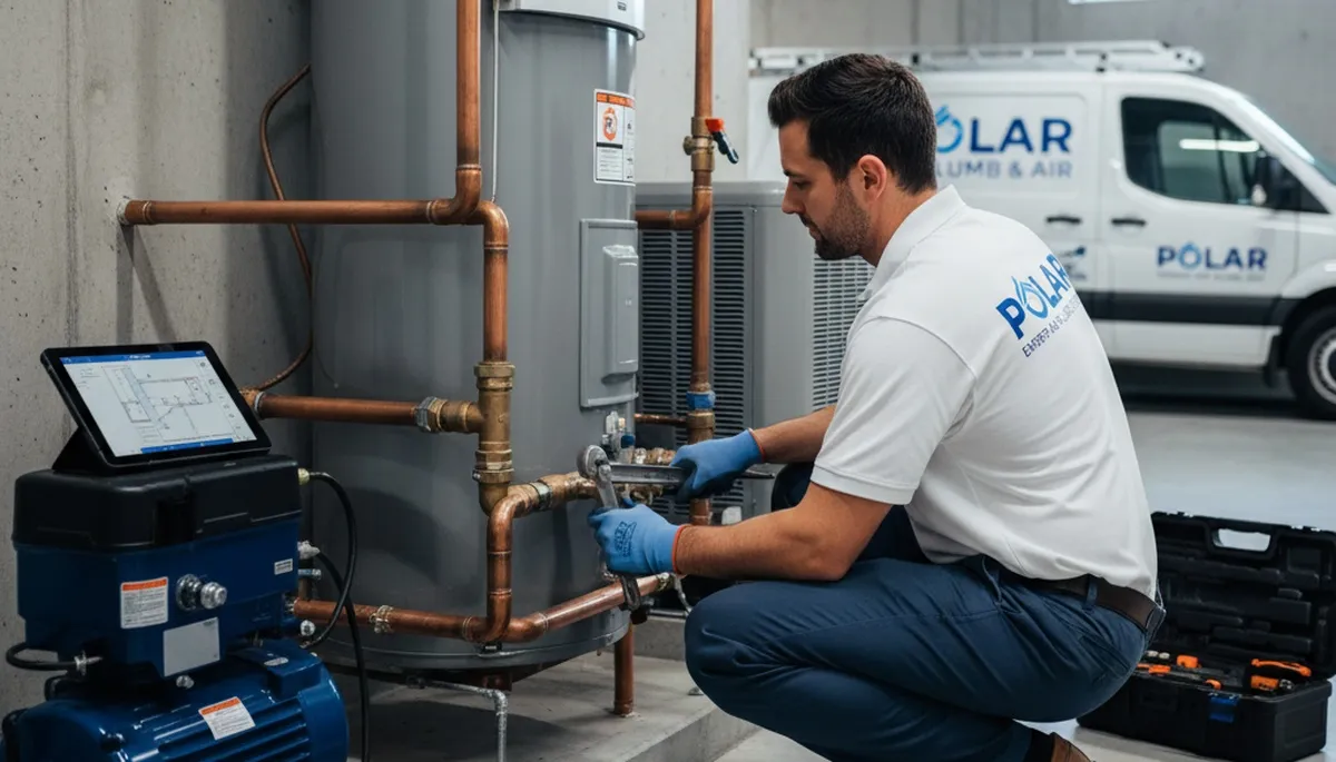 Technician repairing plumbing under sink in Dallas TX home | Five Star Cooling plumbing service