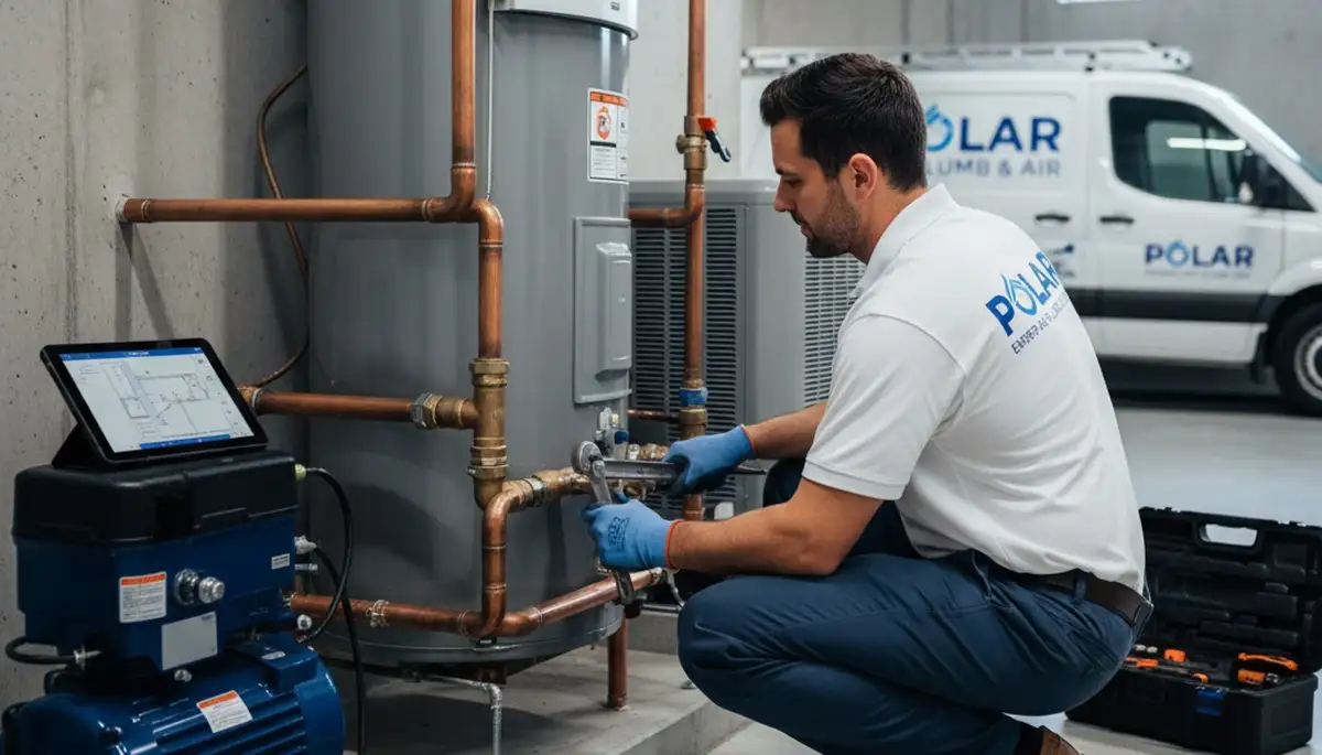 Technician repairing plumbing under sink in Dallas TX home | Five Star Cooling plumbing service