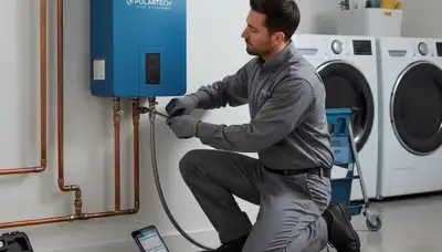 Technician repairing residential water heater in Dallas TX for Five Star Cooling service